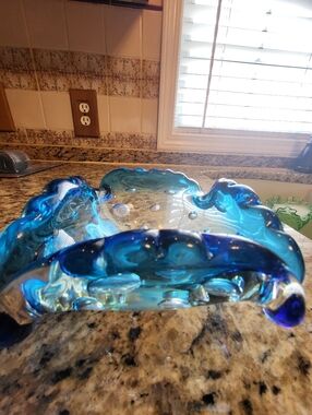 Murano Clear And Blue 3 X 6 Art Glass Decorative Bowl - Handblown Home Art